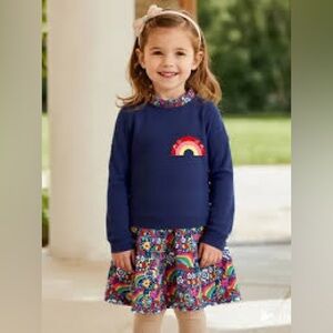 Mini Boden Rainbows Hearts Flowers dress girls 11-12 Navy blue long sleeve